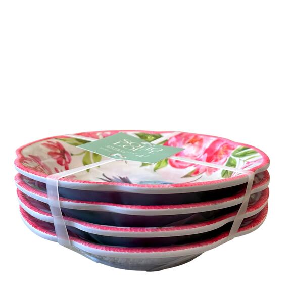 SOHO LOFT Hummingbird Pink Floral Melamine Salad Bowls 8in Set of 4 Spring NEW - Picture 9 of 15